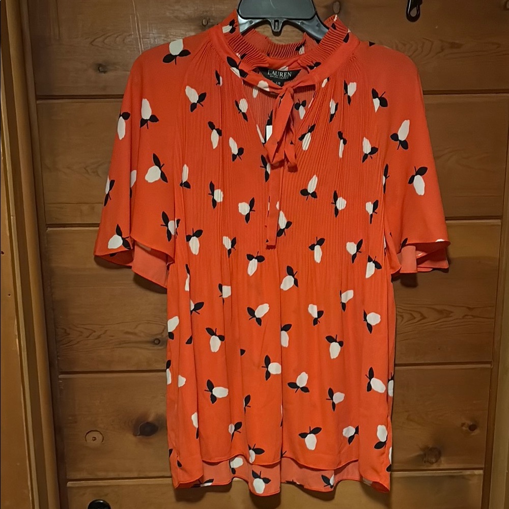 Ralph Lauren Orange Floral Tie-Neck Blouse